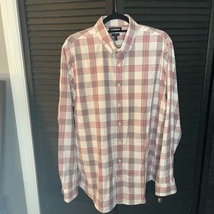 Express Red/White/Black Plaid Slim Performance Dress Shirt